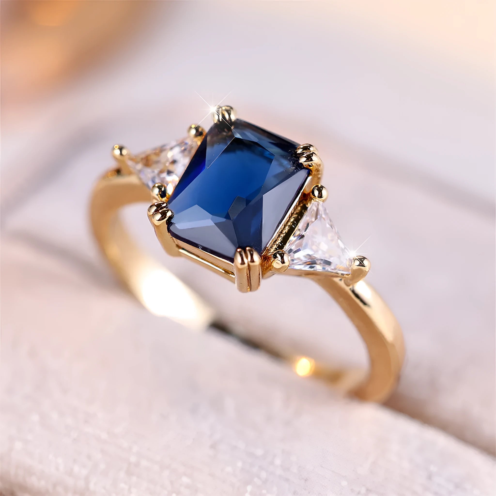 Rectangular copper ring with gold sapphire blue finish for women