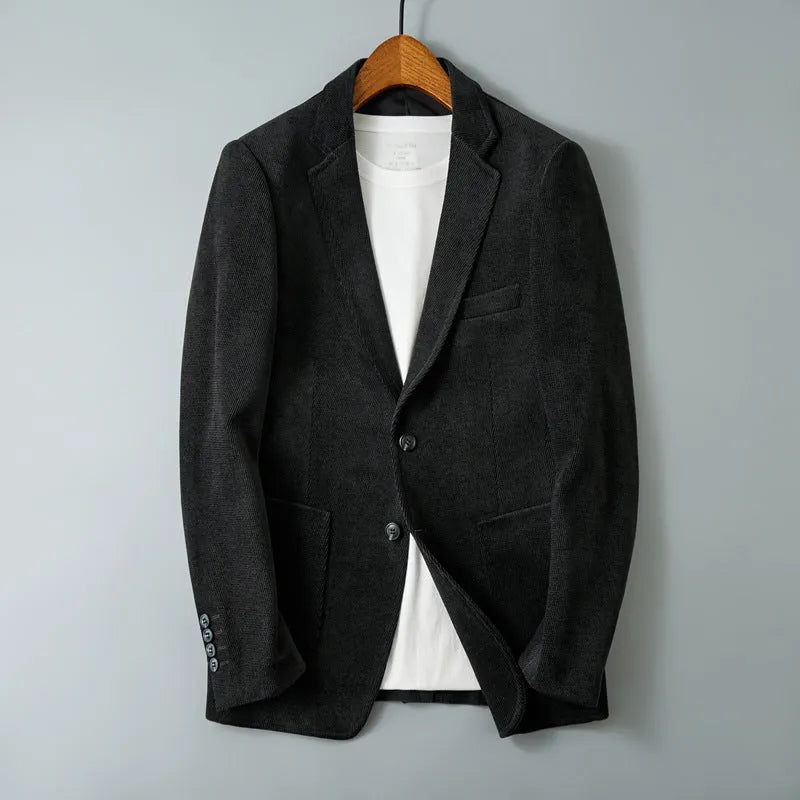 Slim-fit single-breasted Korean style jacket in khaki with straight hem and long sleeves on a hanger