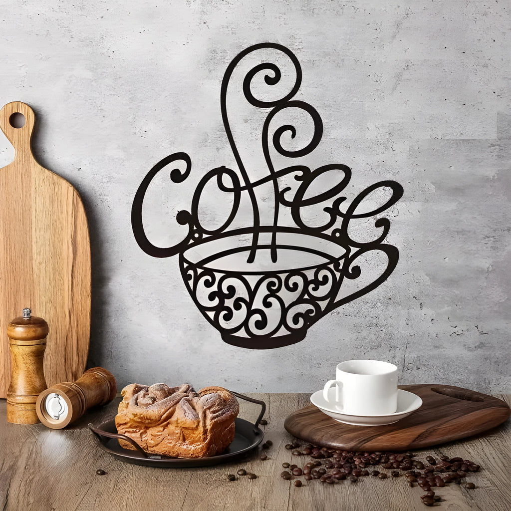 Black English letters silhouette wrought iron wall decoration ornament on a wall.