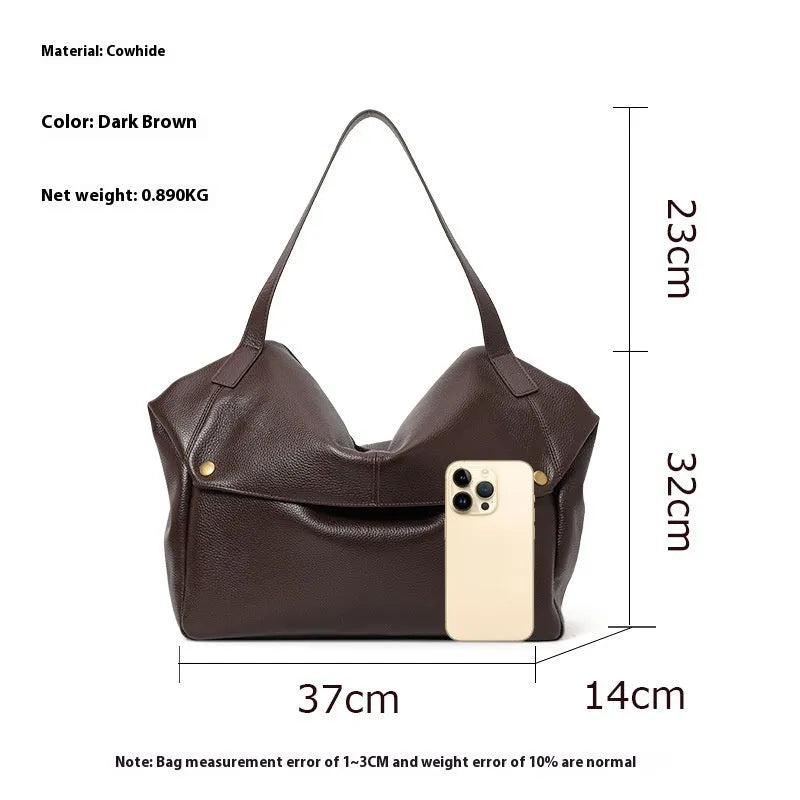 Brown genuine leather women's commuter shoulder bag with a horizontal square shape.