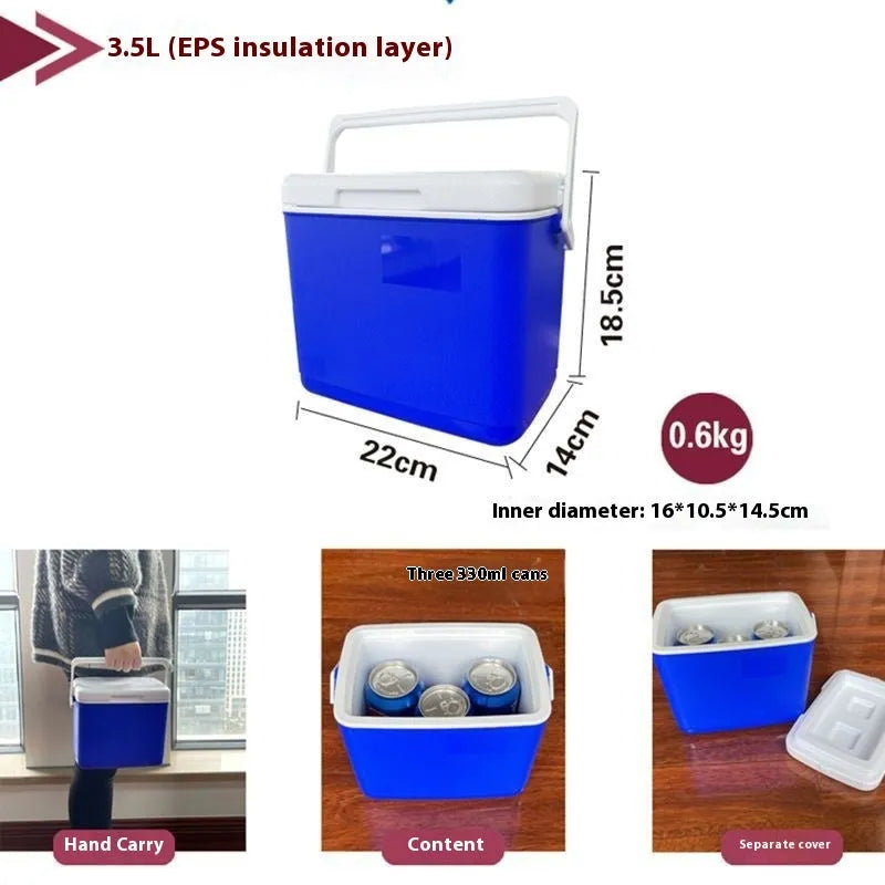 Blue portable insulated cooler box with lid, showing aluminium foil interior.