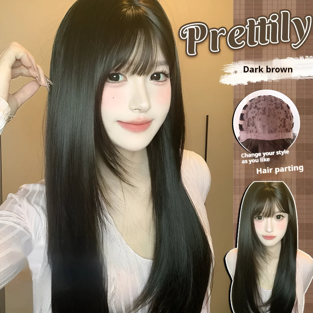 A dark brown long straight synthetic wig with a fringe on a wig stand.