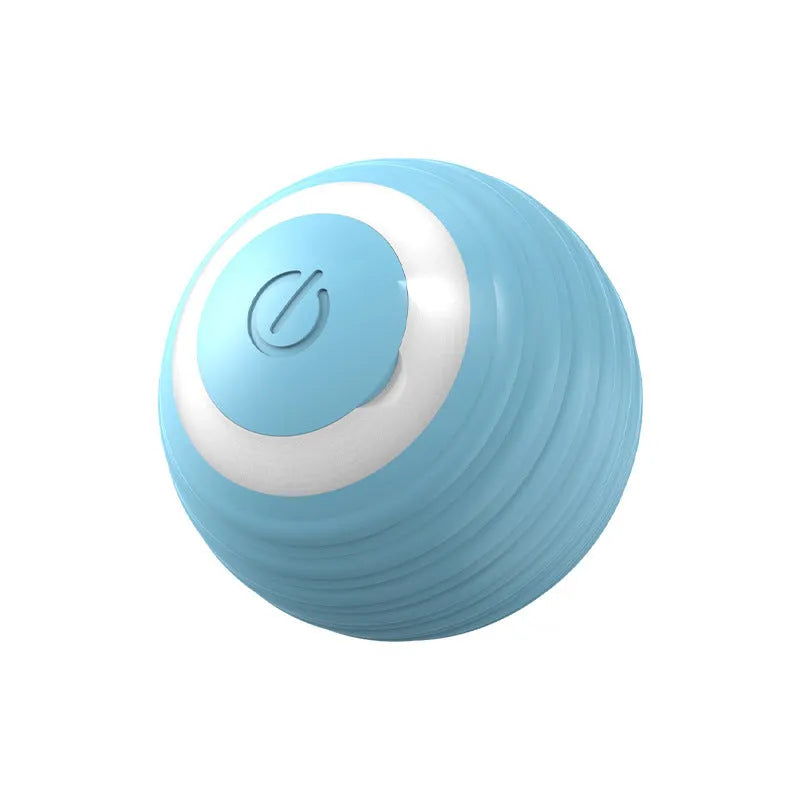 Blue rechargeable automatic bouncing ball smart toy for indoor cats on a floor.