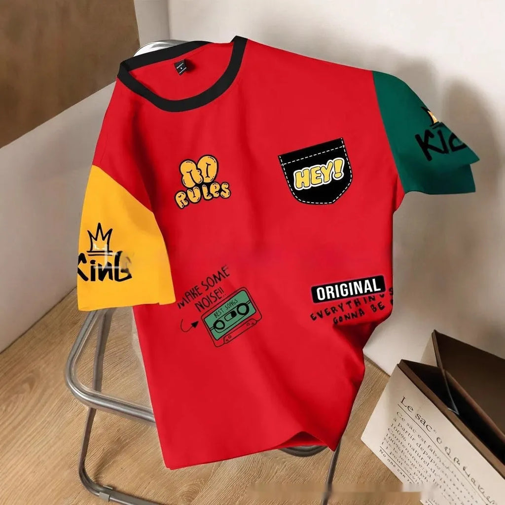 A man's loose-fit casual t-shirt with a colourful digital print design on the front, short sleeves.