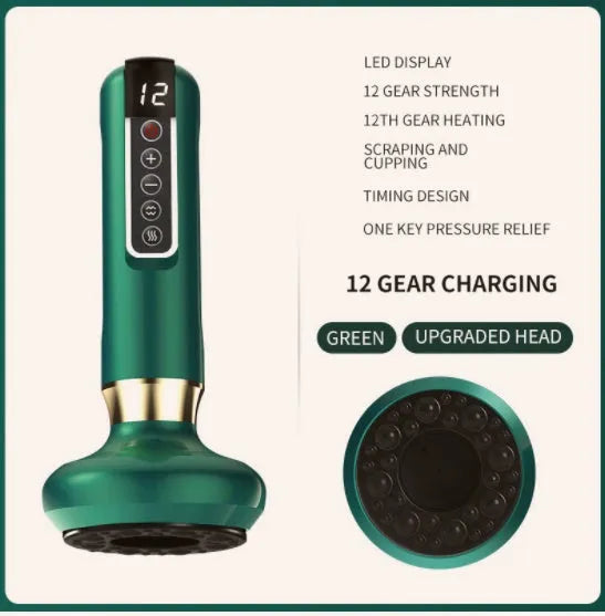 Green electric vacuum cupping massager with suction cup and charging cable