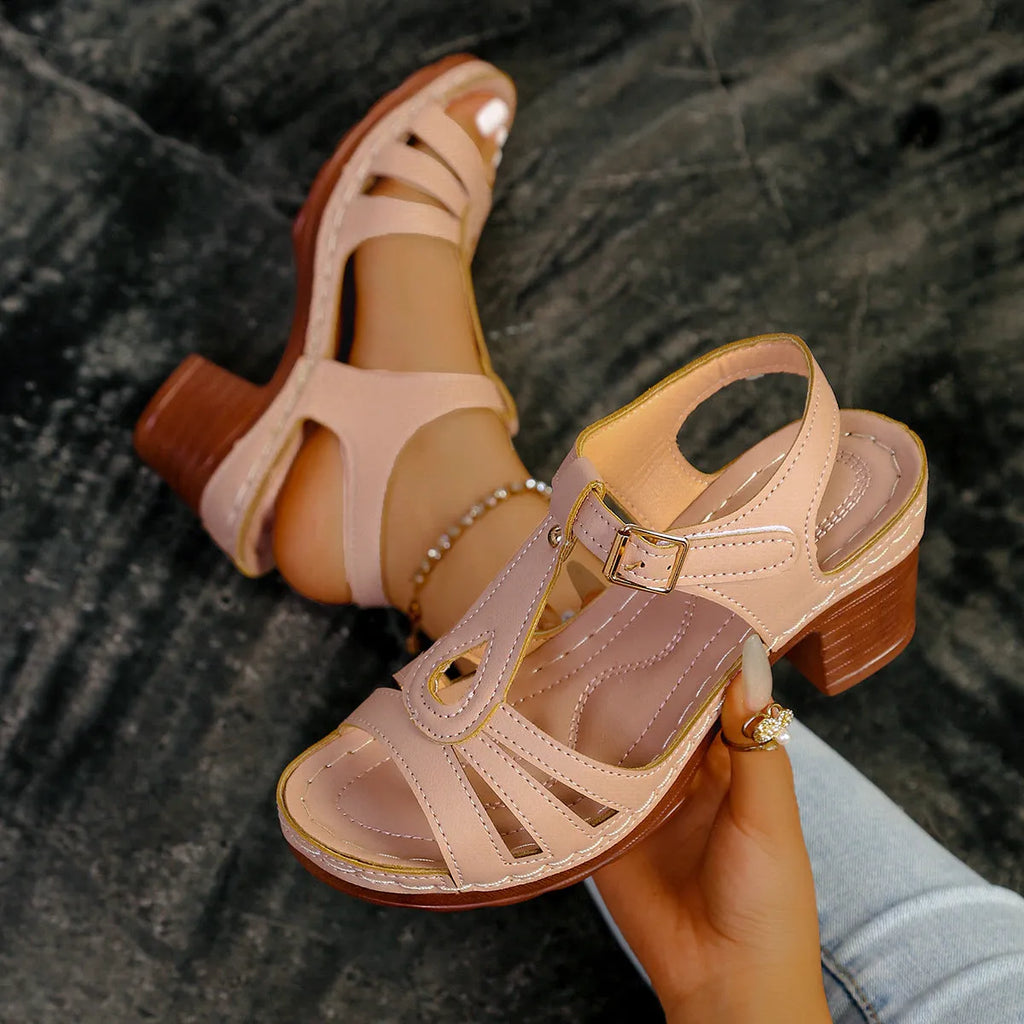 Women's peep toe wedge platform sandals with buckle closure in PU leather