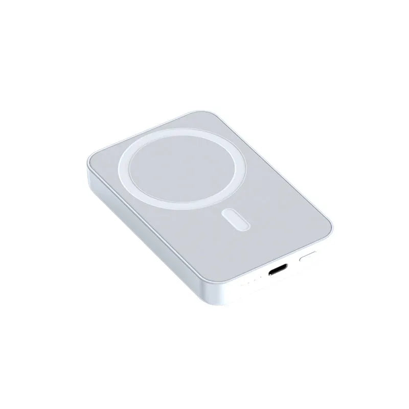 Pink magnetic wireless power bank showing 20000mAh capacity and 20W output specifications