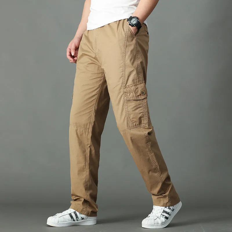 Cotton loose straight leg cargo trousers in black with multiple pockets and zip fly