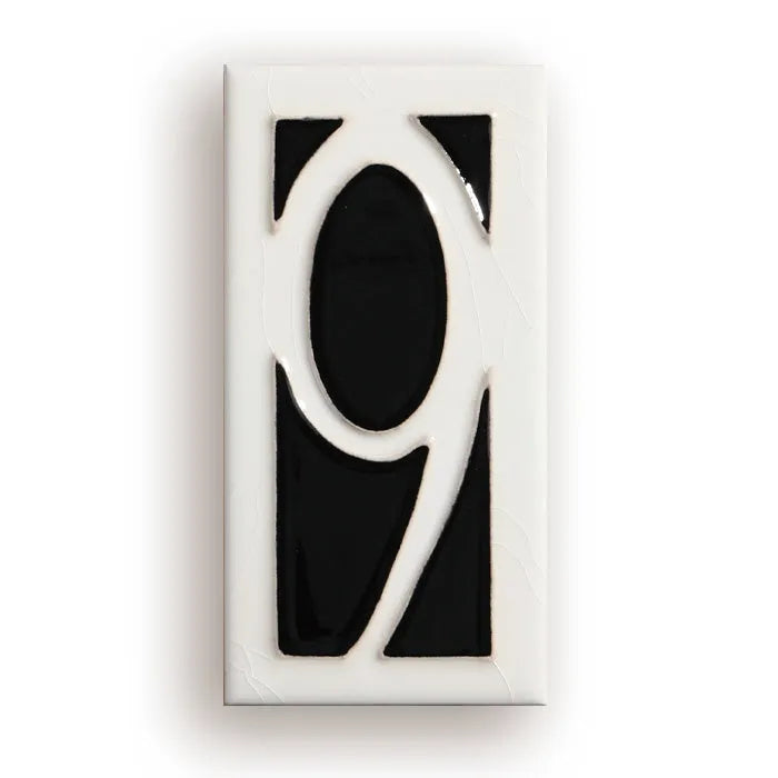 Handmade retro-style ceramic doorplate with enamel number, shown in 76mm by 152mm size.