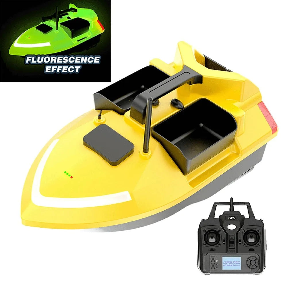 V020 GPS remote control fishing boat in luminous yellow on water, showing remote control unit and carry bag.