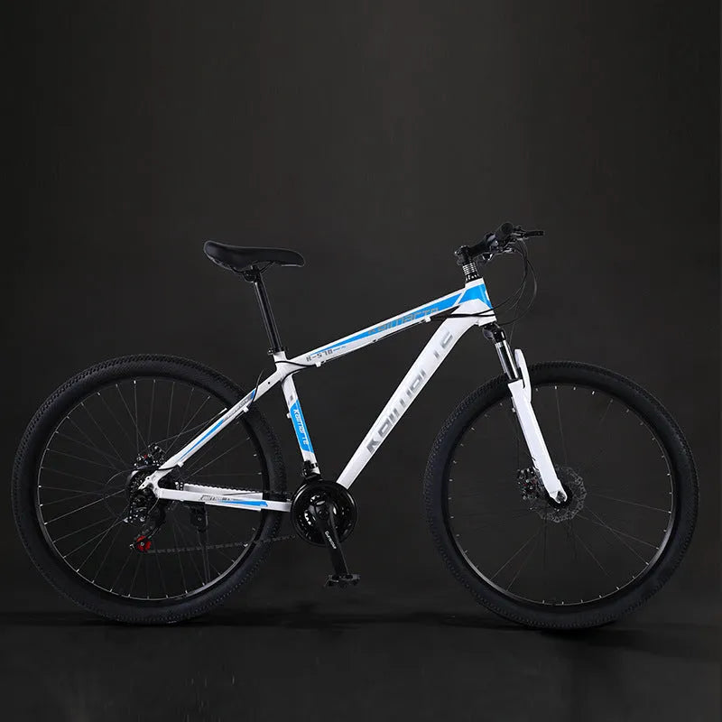 Aluminium alloy mountain bike with disc brakes and front suspension in black and blue colour