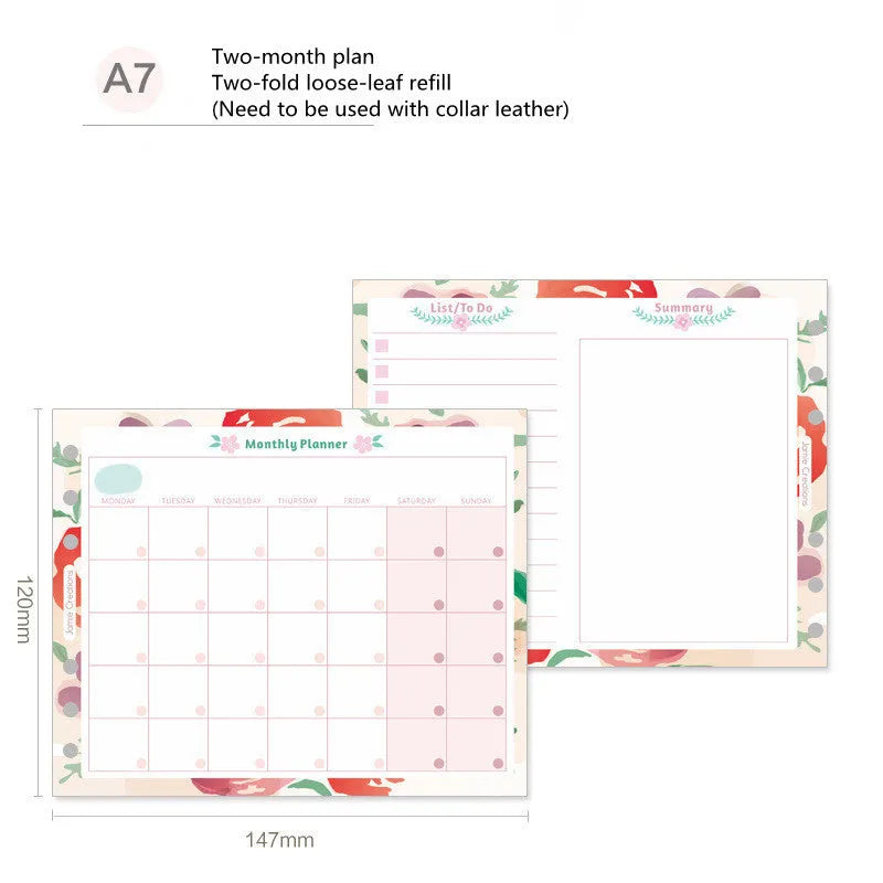 Loose-leaf refill sheets for planners in A7, A6, and A5 sizes showing floral and schedule layouts