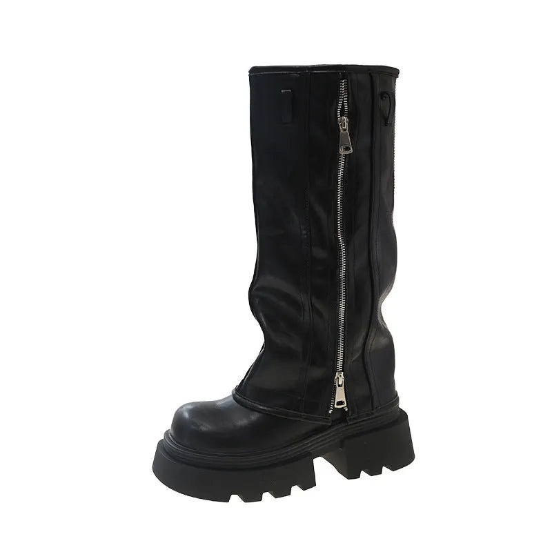 Black platform muffin pants Martin boots with a high cylinder, square heel, and rubber sole.