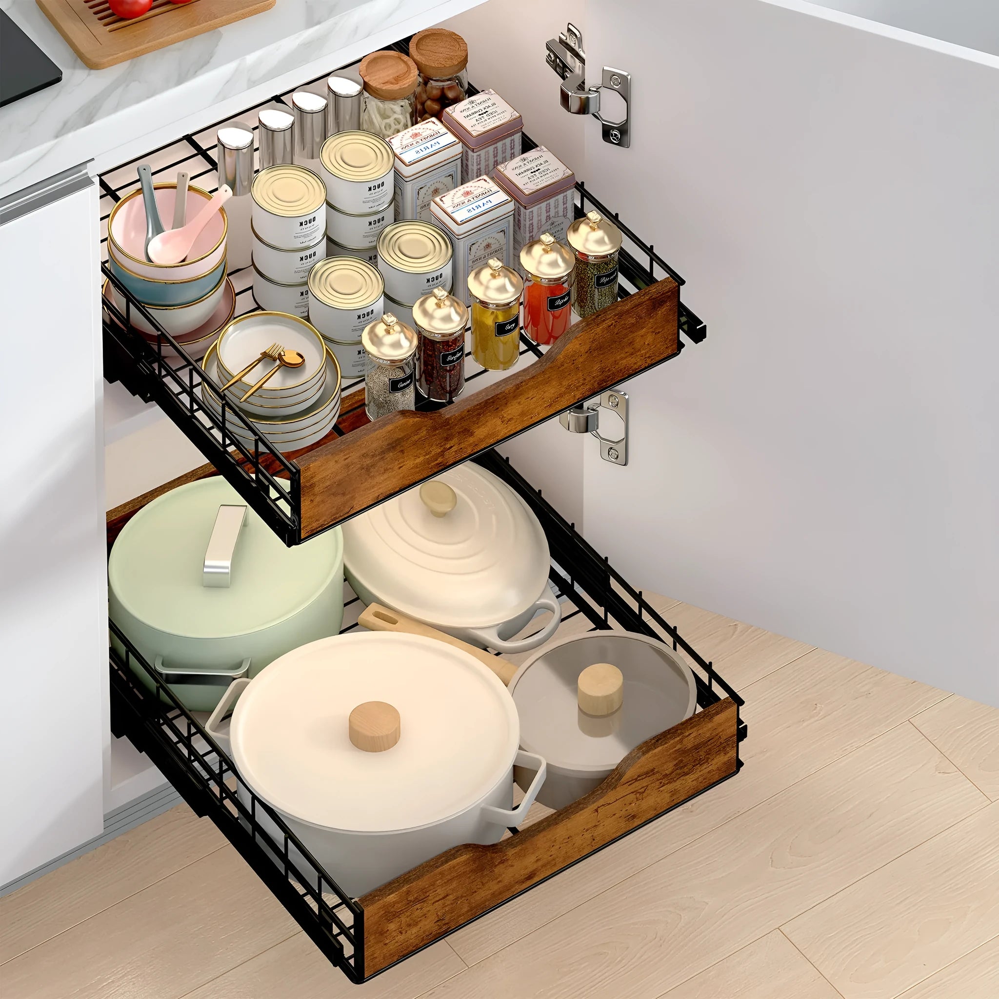 Black wooden and iron pull-out storage basket drawer for kitchen organisation on a shelf.