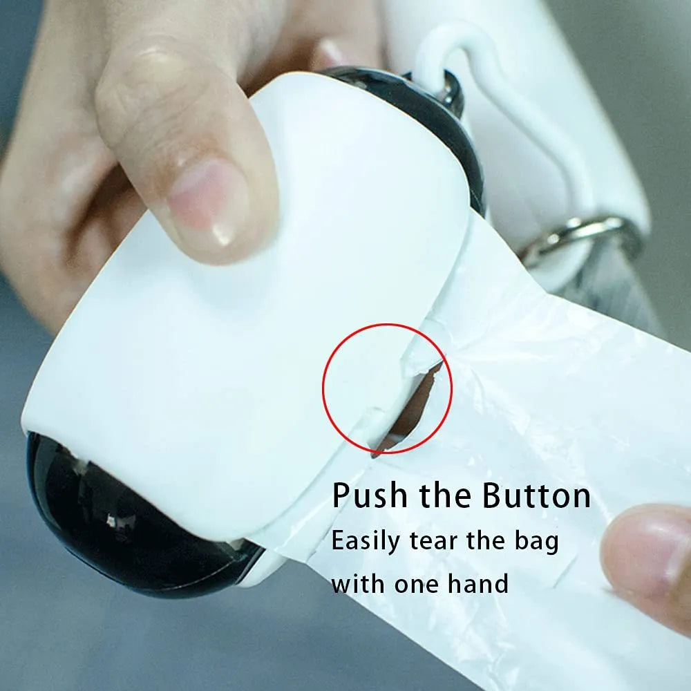 White and translucent grey space capsule dog poop bag dispenser with leash clip and top hook