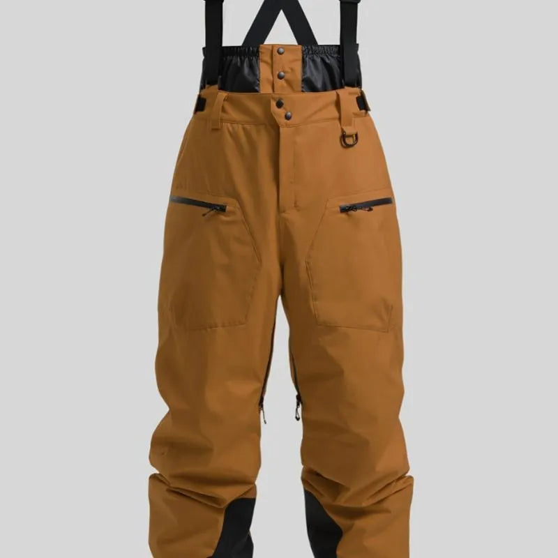 Men's black waterproof linen ski pants with waist strap and flame-retardant properties
