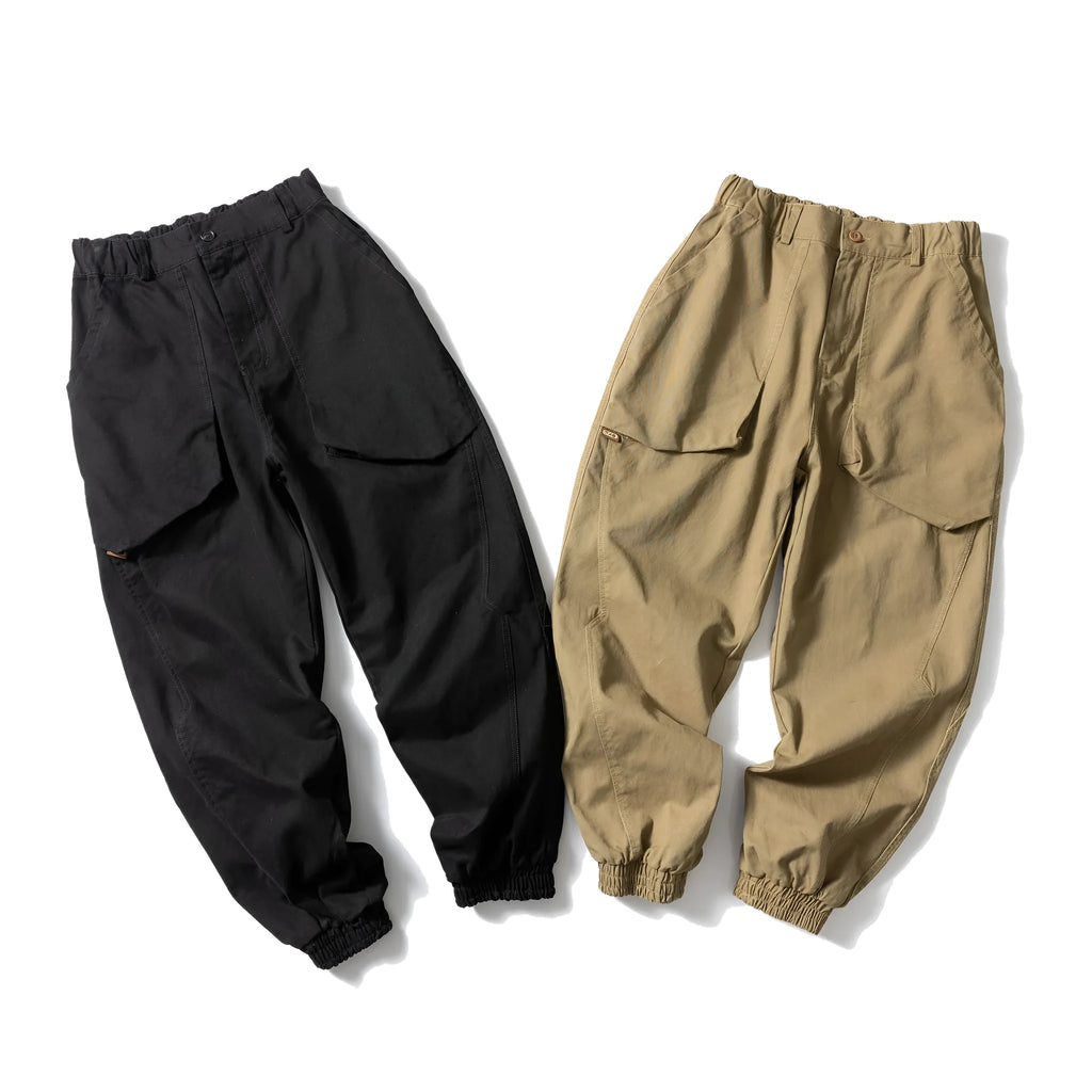 Cotton tapered casual pants with large pocket in Japanese retro style