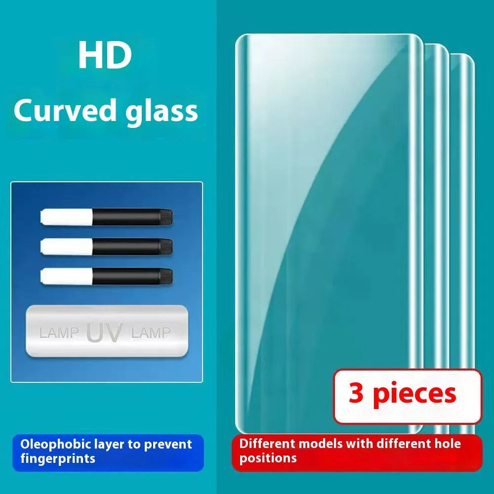 UV full glue tempered glass screen protector for Samsung Galaxy phone with glue bottle and UV lamp