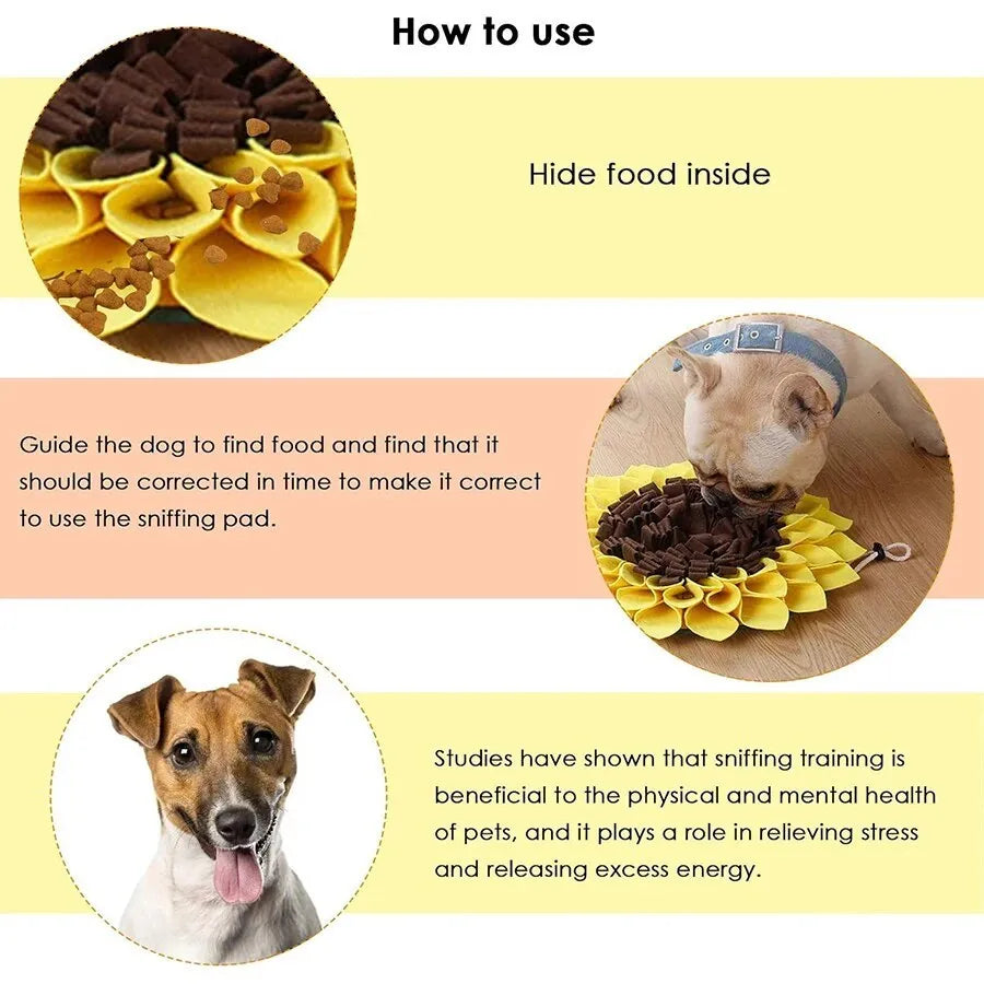 Yellow sunflower-shaped dog snuffle mat with rope and buckle attachment for slow feeding