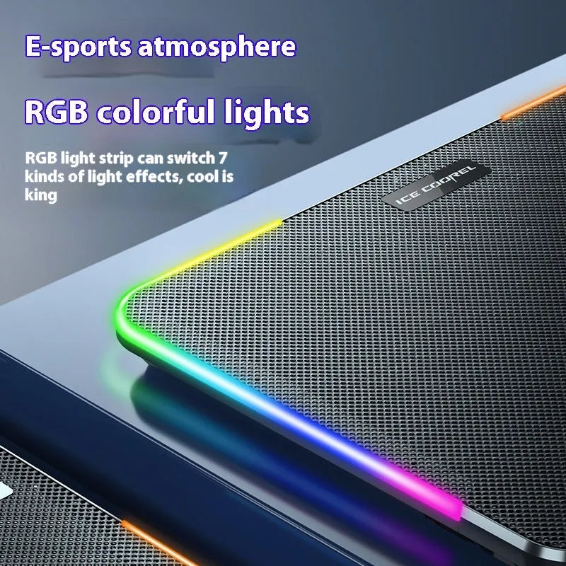 Core Ice laptop radiator air cooling base bracket with RGB light and phone stand, black colourful version, 360x255x27mm