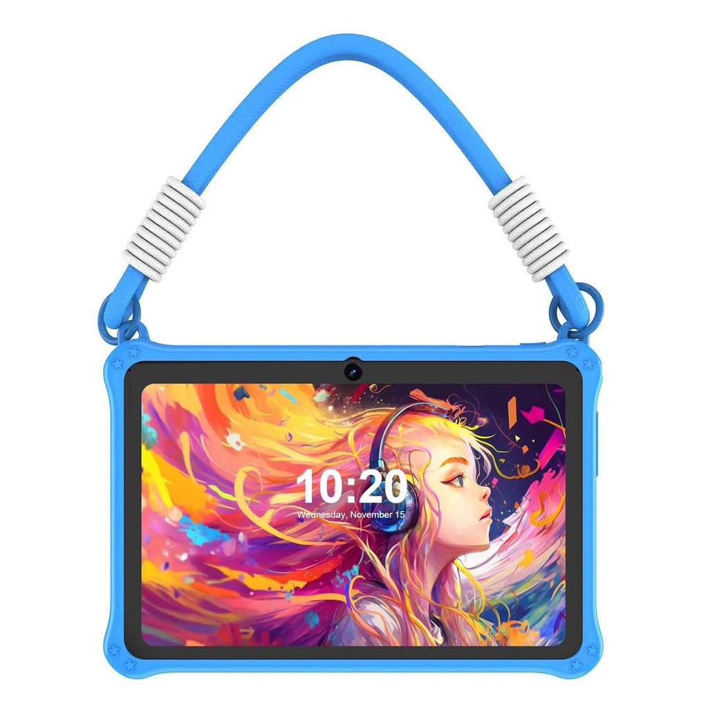 7-inch children's silicone tablet case with flat strap in sapphire blue or dark pink colours