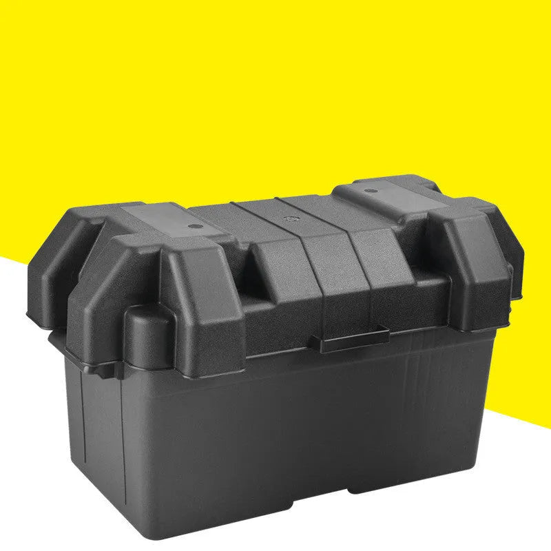 Black PP plastic battery storage box with strap and base screw fixing system shown in two size options