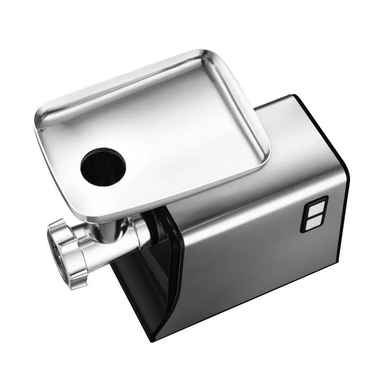 Silver meat grinder with double mixing blade on countertop, 33.5cm tall, aluminium tray and straight head visible