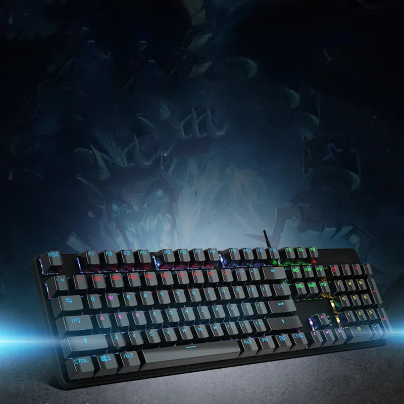 AOC GK410 wired mechanical keyboard with green switches and black keycaps on a desk, showing metal frame and USB cable.