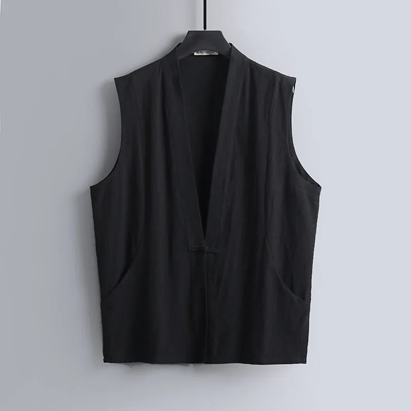 Men's loose-fitting sleeveless linen vest in solid colour for summer wear