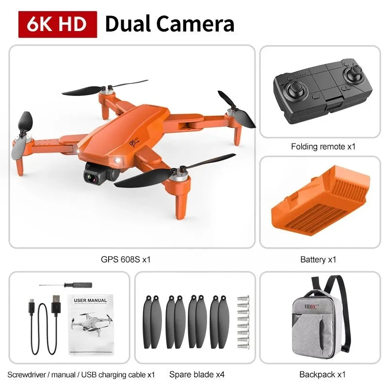 S608 PRO quadcopter in orange with dual cameras, foldable propellers, and GPS module on black background