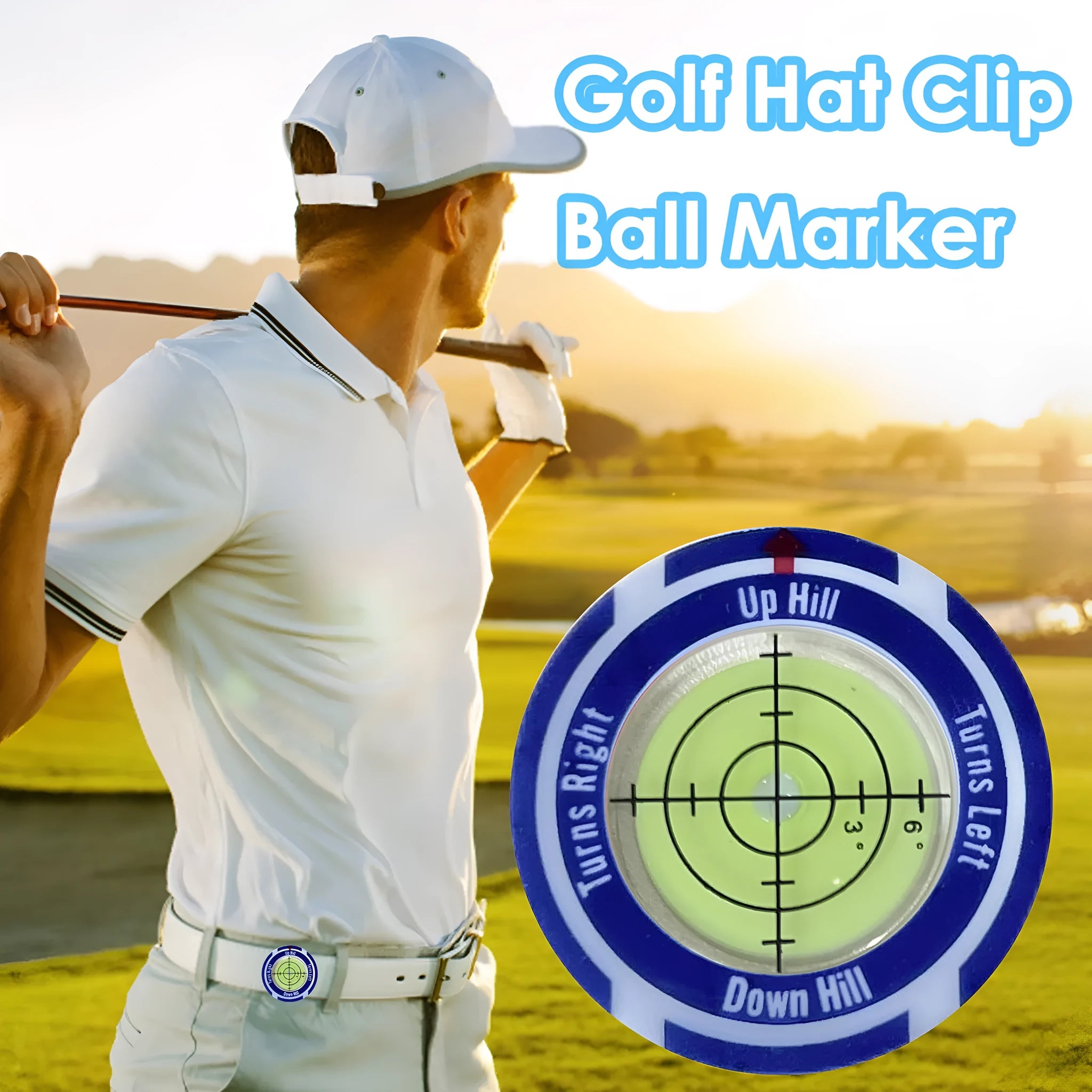 Golf level hat clip measurement tool with green level face and position marks in six colour options