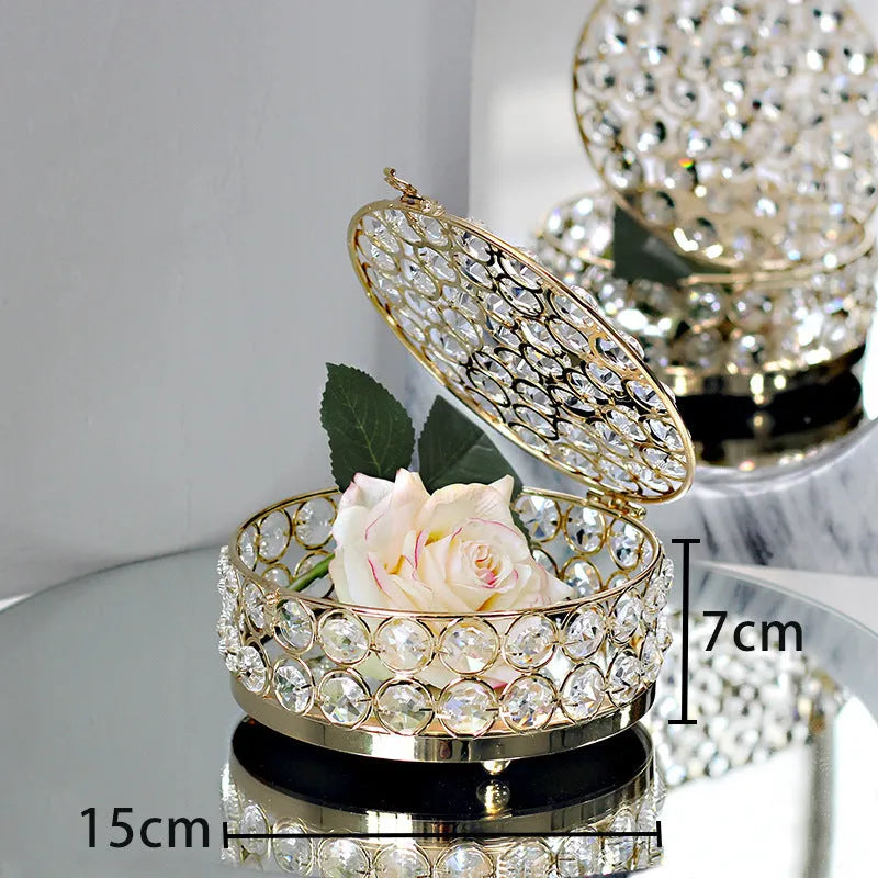 European-style French gold iron jewelry box with a transparent crystal glass lid.