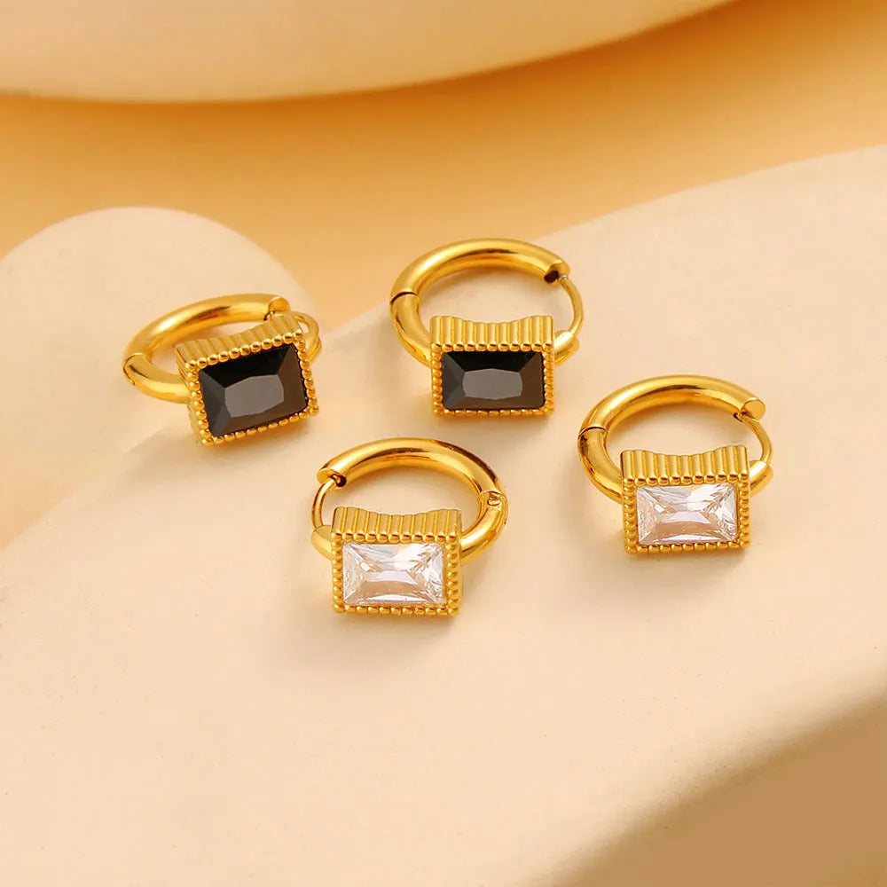 Square zircon geometric stainless steel earrings in white, black, and green colours.