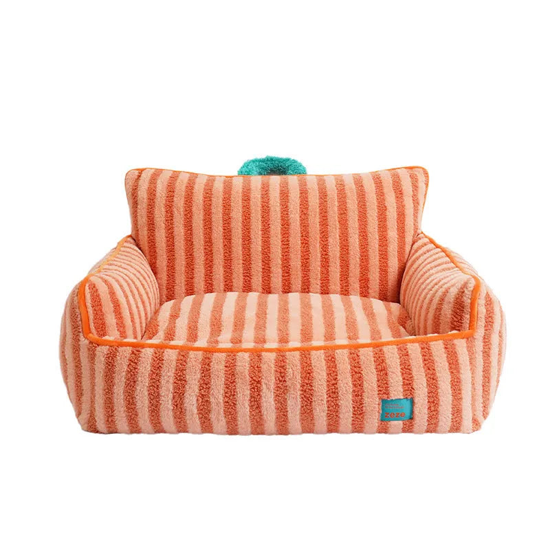 Striped soft velvet pet bed for dogs in orange, purple, or yellow with a removable washable cover.