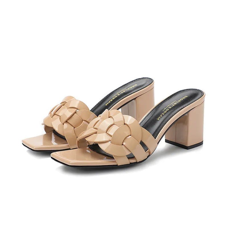 Woven chunky heel slippers in apricot colour with a fish mouth toe and sheepskin lining.