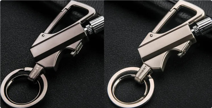 Metal keychain lighter with flint striker and bottle opener in black nickel finish