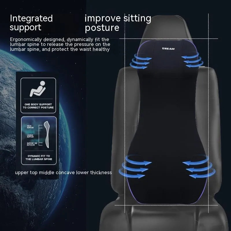 Black automotive memory foam mat showing integrated waist cushion and headrest lumbar support pillow on a car seat.