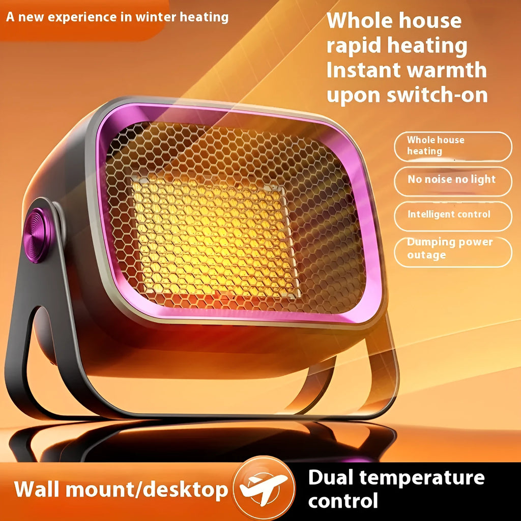 Compact white PTC ceramic desktop electric heater on a wooden desk.