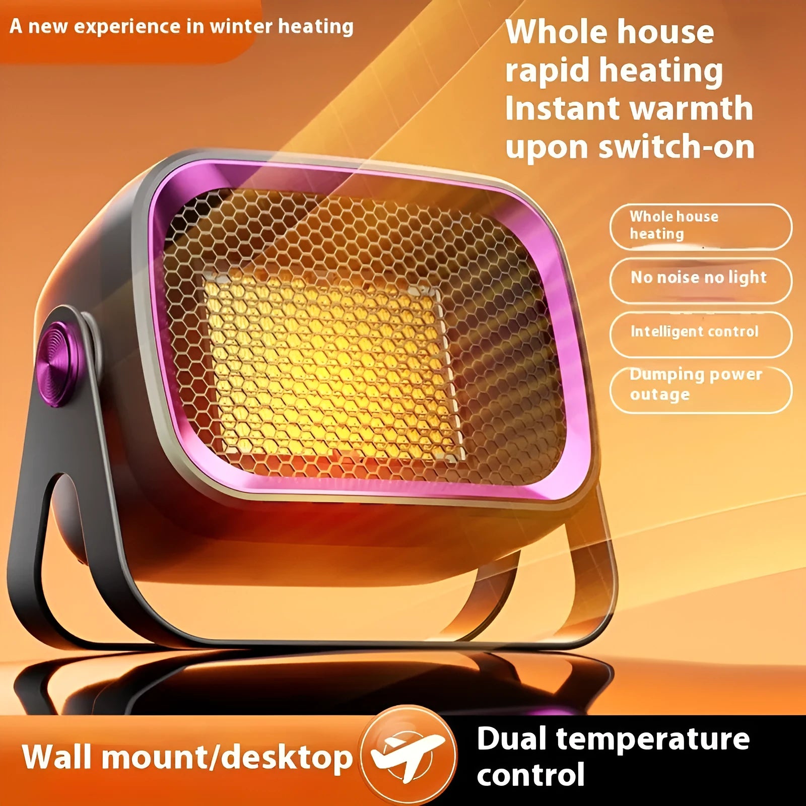 Compact white PTC ceramic desktop electric heater on a wooden desk.
