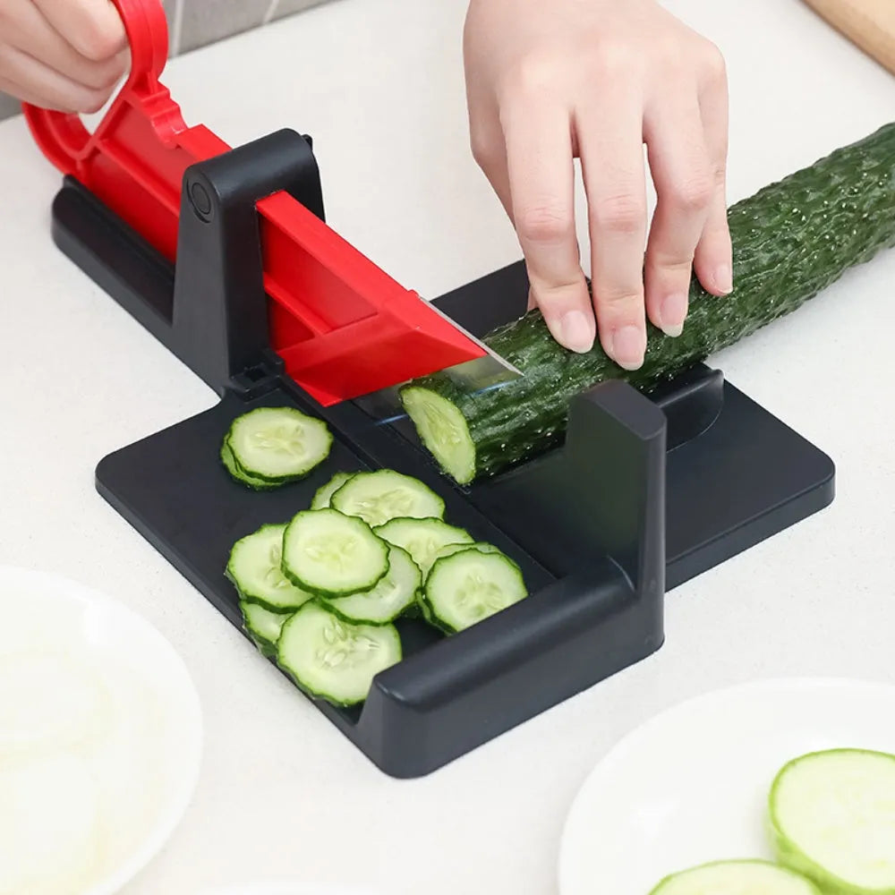Green and red vegetable cutting tool with stainless steel blades for carrots and potatoes