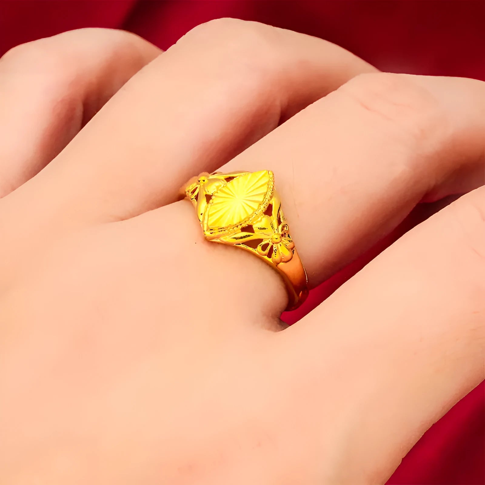 Alluvial gold coloured open diamond flower ring with geometric texture on brass metal