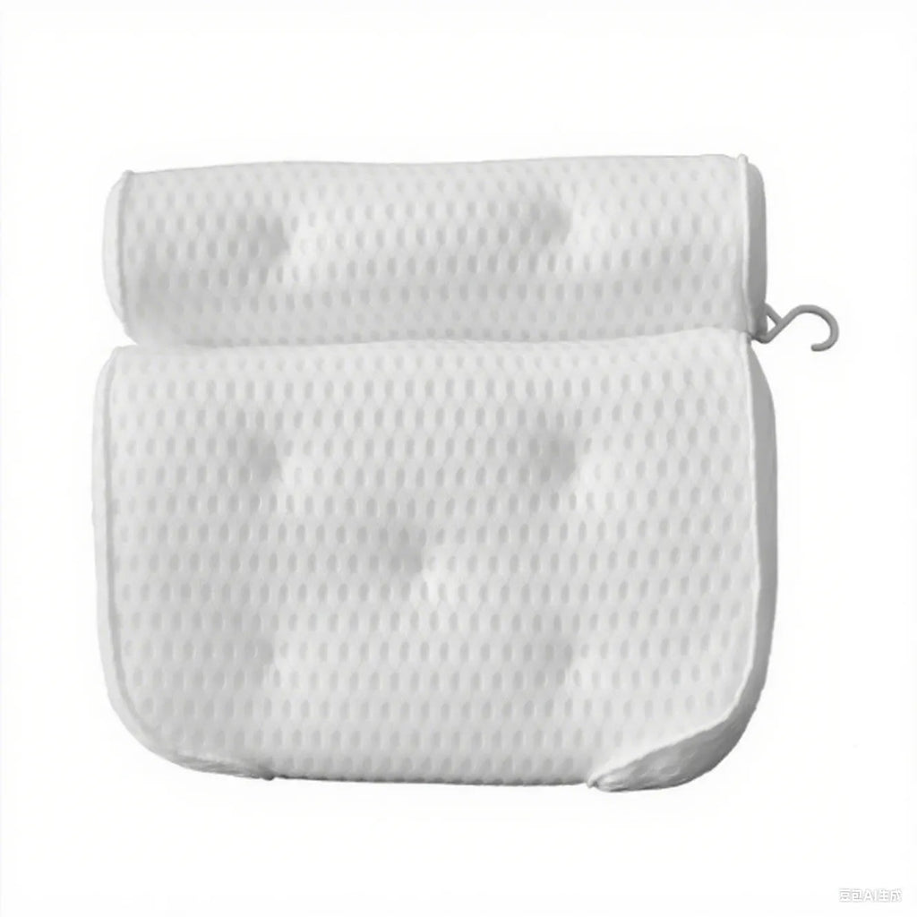 White bathtub pillow with 4D mesh and 7 suction cups on a bathtub.
