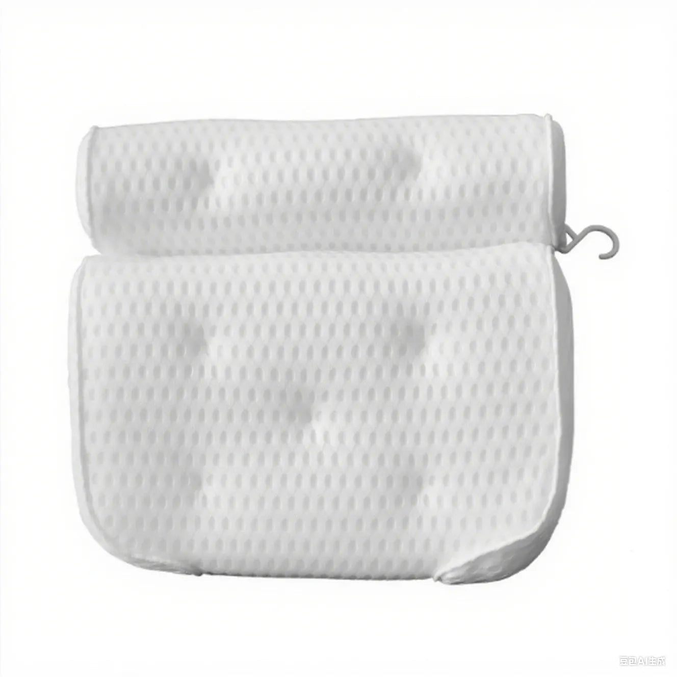 White bathtub pillow with 4D mesh and 7 suction cups on a bathtub.