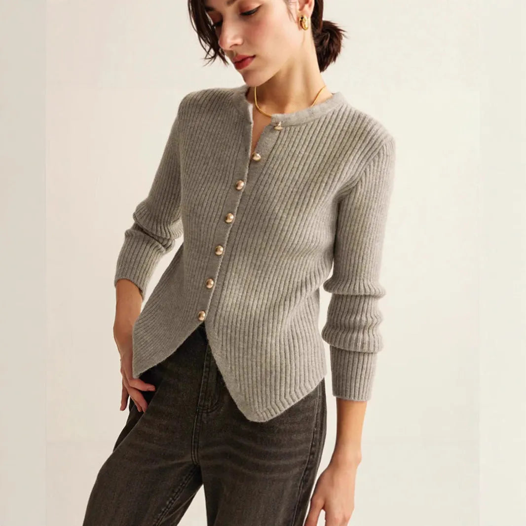 Silver yuan collar loose fit cardigan sweater on a hanger, Japanese Korean casual style.