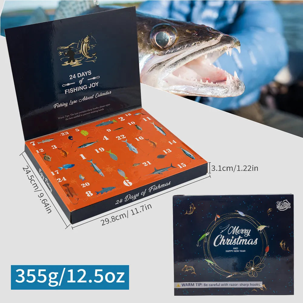 24 assorted metal Mino Bog fishing lures with hooks, arranged in rows, showing different colours and patterns.