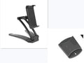 Silver aluminium alloy desktop tablet stand with white mount holding a tablet at an angle.