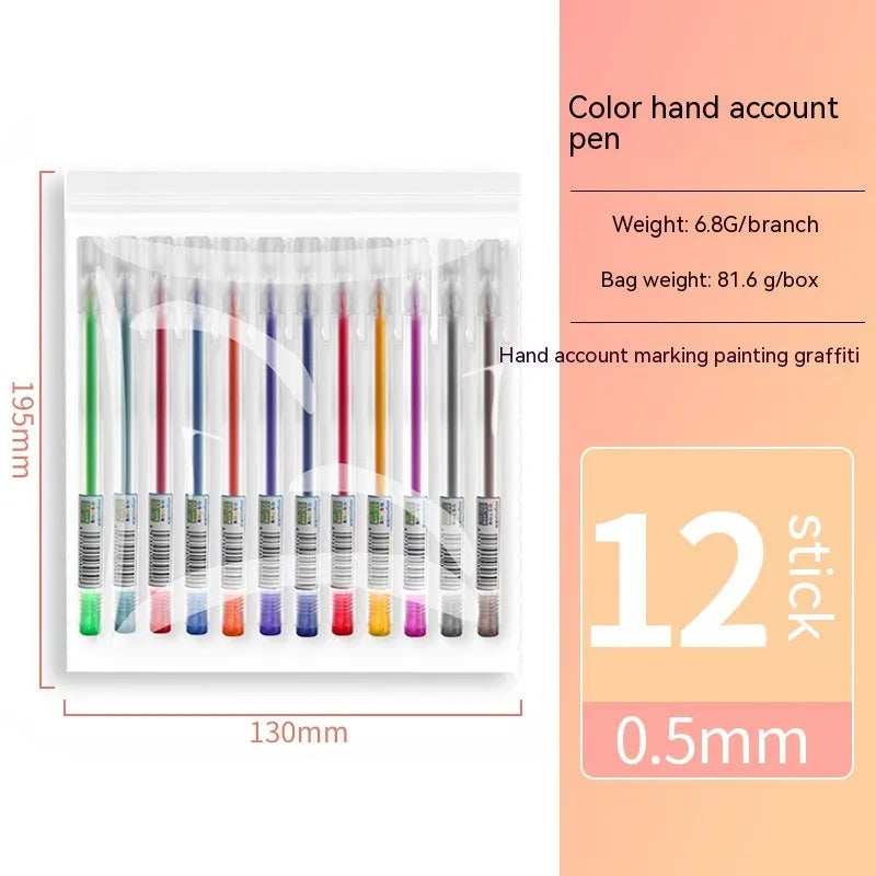 Boxed set of twelve assorted colour gel pens with 0.5 mm tips and bagged refills.