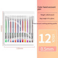 Boxed set of twelve assorted colour gel pens with 0.5 mm tips and bagged refills.