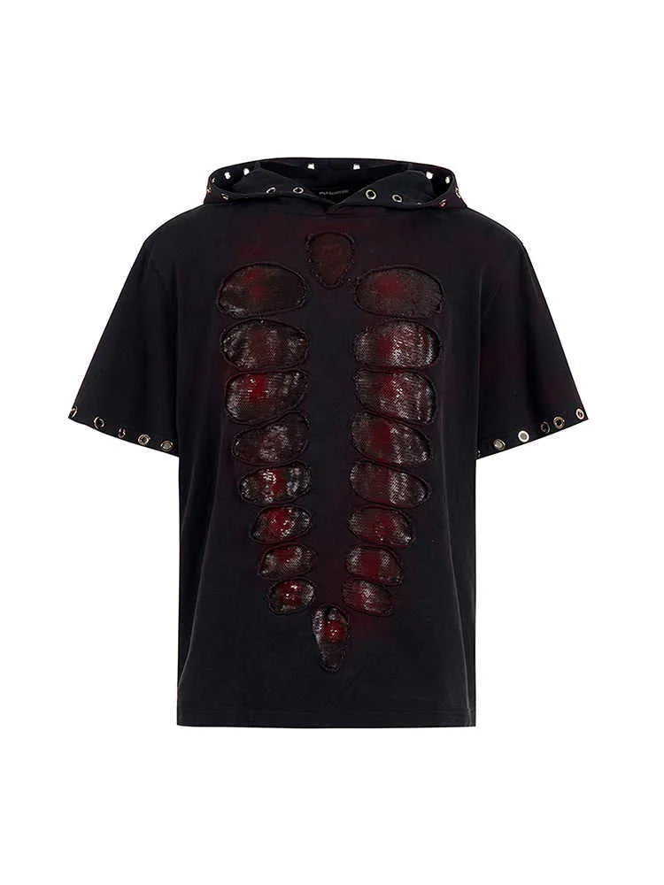 Black men's loose hooded T-shirt with short sleeves and sequin decoration on the front.