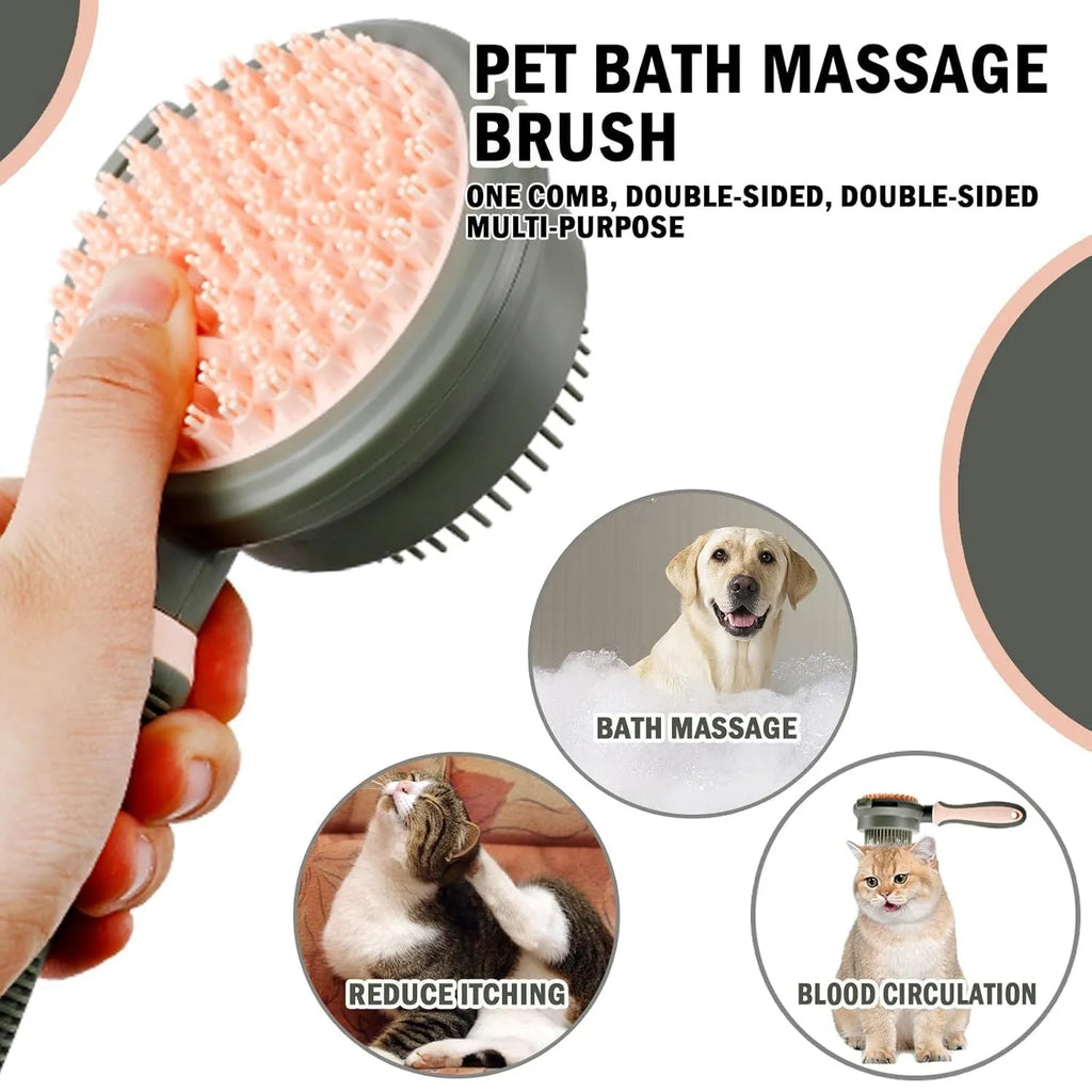 Green and pink double sided cat brush with release button showing brush and flea comb sides
